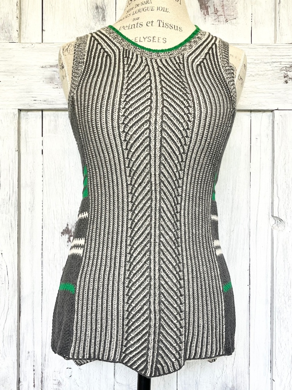 CAbi-Women's Charcoal Grey, White & Kelly Green Patterned Sweater Vest-Size S